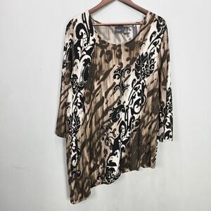 Chico's Travelers Tunic Top 3 XL‎ Brown Black Animal Print Asymmetric Hem Mature